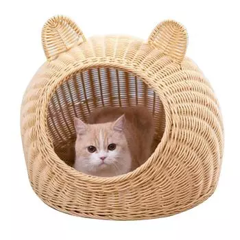 Лежак для кошки Симпатичные кошачьи ушки Имитация ротанга Ручная работа Дышащий Всесезонный Моющийся Полузакрытый Кот 38x38cm / 15.0x15.0in бежевый