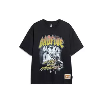 Li Ning Badfive Letter Print Удобная свободная футболка с круглым вырезом и коротким рукавом для мужчин, черные топы AHSU417-1 S