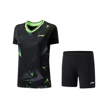Li Ning Badminton Series All Over Logo V-образный вырез свитер короткий рукав футболка и шорты спортивный комплект для отдыха женские комплекты черный AATT040-4 S