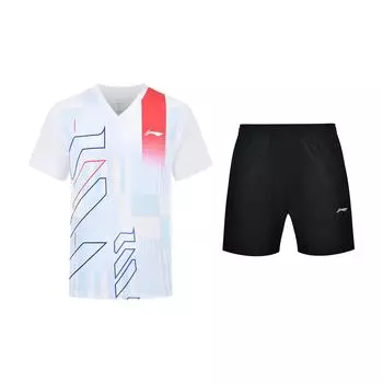 Li Ning Badminton Series Logo Геометрический узор Полосатый V-образный вырез Приталенный удобный короткий рукав Свободный спортивный костюм AAYU269-2+AKSS440-1 XXL