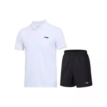Li Ning Badminton Series однотонная рубашка поло с коротким рукавом и спортивные шорты, комплект для мужчин APLT181-2+AAPT549-1 XL
