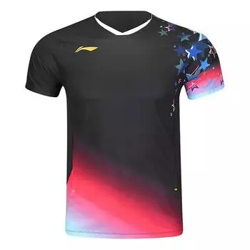 Li Ning Бадминтон Серия Звездное Письмо Градиент Удобная Дышащая Универсальная Футболка с Коротким Рукавом для Бадминтона Мужские топы Черный AAYV041-1 L