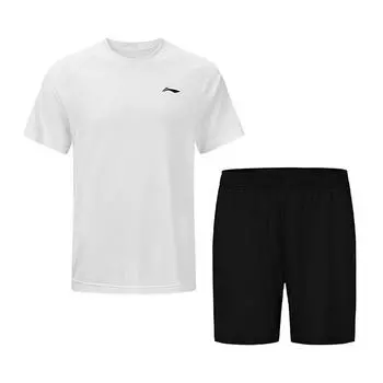 Li-Ning Breathable Cool Round Neck Top And Mid Waist Solid Color Comfortable Shorts Casual Sports Set Unisex sets White AATV059-3 M