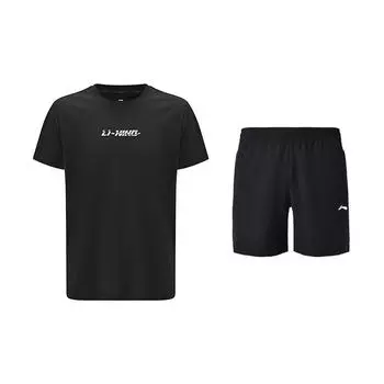 Li-Ning Casual Fashion Moisture-Wicking Quick-Dry T-Shirt Classic Versatile Breathable Shorts Sports Set Unisex sets Black ATSV609-1+AKSU789-3 S