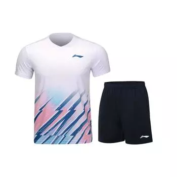 Li-Ning Club Series быстросохнущие дышащие шорты с круглым вырезом и коротким рукавом, средней посадкой, эластичные, с пятью точками, повседневные спортивные комплекты для мужчин AATU031-2 L