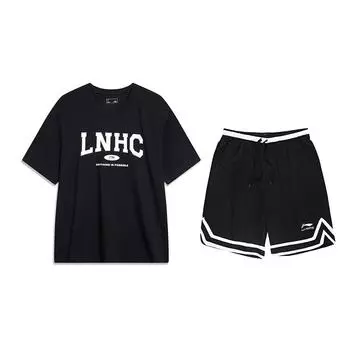 Li-Ning College Style Letter Striped Round Neck Short Sleeve Fashion Comfortable Shorts Casual Sports Suit Unisex suit Black YHSU301-3+YAPV001-1 L