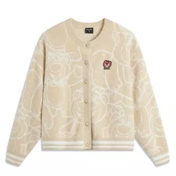 Li Ning Disney Collaboration Pixar Strawberry Bear Series Cartoon Однобортный удобный дышащий свободный вязаный свитер с длинным рукавом AMBU302-2 M