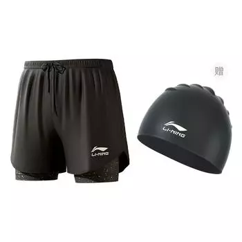 Li-Ning Double Layer Anti-Embarrassment Comfortable Breathable Moisture-Wicking Swim Shorts Men swimwear Black LSKV328-B L