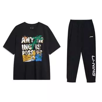 Li-Ning Дышащий, прохладный, с коротким рукавом, удобный, свободный, длинный, повседневный, спортивный костюм, мужской костюм AHSU707-1+YYKU181-1 S