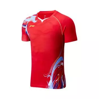 Li-Ning Футболка для бадминтона с цветными блоками и V-образным вырезом, короткий рукав, топы унисекс, малиново-красные AAYU229-3 L