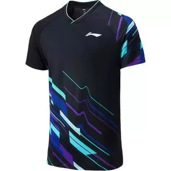 Li-Ning Футболка для бадминтона с принтом и V-образным вырезом, удобная, дышащая, универсальная, с коротким рукавом, унисекс, черный цвет AAYU225-1 M