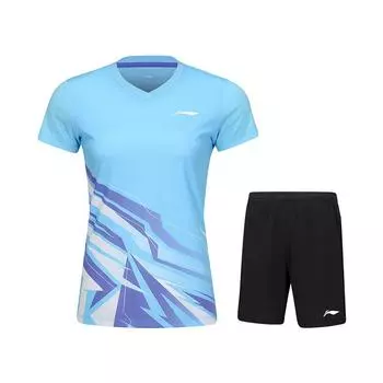 Li-Ning Градиентный V-образный вырез, удобный короткий рукав, эластичная талия на кулиске, быстросохнущий спортивный шортовый комплект, женские комплекты AATV014-5 S