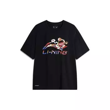 Li-Ning Футболка с изображением травяного чая, повседневная, спортивная, с круглым вырезом, пуловер с принтом букв, спущенные плечи, короткий рукав, мужские топы, черный цвет AHSU673-1 L