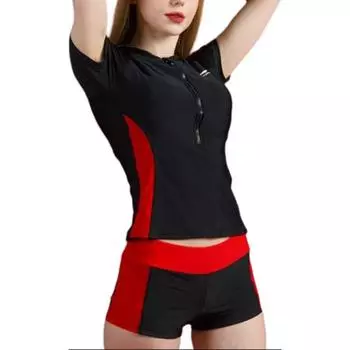 Li Ning Консервативный купальник из двух частей с коротким рукавом и высокой талией Женский купальник Черный Красный LSCP226-1 M