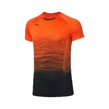Li-Ning Легкая рубашка для бадминтона с коротким рукавом и V-образным вырезом Color Block, мужские топы, оранжевый AAYP329-2 M