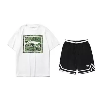 Li-Ning Letter Logo Print Loose Round Neck Short Sleeve Simple Mid Waist Tied Shorts Casual Sports Suit Unisex suit AHSU999-1+YAPV001-1 M
