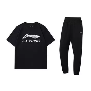Li-Ning Letter Print Round Neck Pullover Short Sleeve T-Shirt And Mid Waist Long Pants Casual Sports Set Men sets Black AHSUB09-2+AKLT541-2 XL