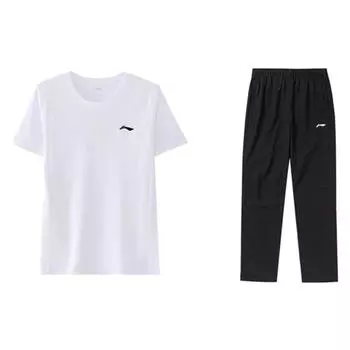 Li Ning Logo Круглый вырез пуловер с коротким рукавом футболка и простые прямые длинные брюки повседневный спортивный костюм мужской костюм ATST641-2+AYKT413-1 L