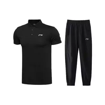 Li Ning Logo Однотонная рубашка поло с коротким рукавом и спортивные брюки, комплект из мужской рубашки поло и брюк, черный APLS141-1+AYKS467-1 M