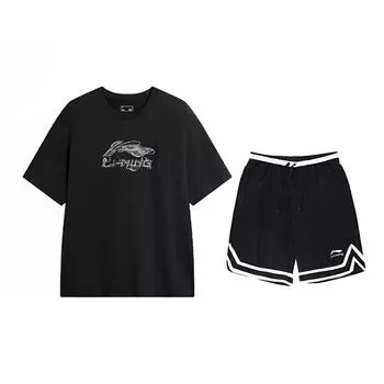 Li-Ning Minimalist Letter Logo Print Round Neck Loose Short Sleeve Mid Waist Tied Shorts Casual Sports Set Unisex sets Black AHSVD57-1+YAPV001-1 M