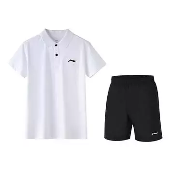 Li-Ning Однотонная дышащая рубашка поло, быстросохнущие шорты, повседневный спортивный комплект, мужские комплекты, белый APLT137-2+AKSS561-1 XL