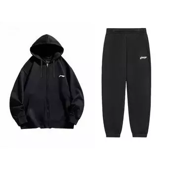 Li-Ning Однотонная свободная толстовка с капюшоном на молнии и эластичный спортивный комплект средней талии, унисекс, толстовка черного цвета YWDU347-1+AKLT603-1 S