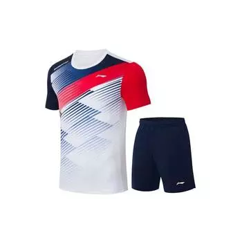 Li-Ning Полосатый быстросохнущий дышащий свитер с круглым вырезом в цветную полоску, футболка с коротким рукавом и однотонные шорты, повседневный спортивный комплект AATT033-1 S