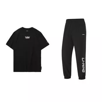 Li-Ning Printed Cotton Round Neck Short Sleeve Quick Dry Loose Cuff Pants Casual Sports Suit Unisex suit AHSU969-2+YYKU111-1 M