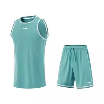 Li Ning Профессиональная баскетбольная серия Пуловер с круглым вырезом Полосатая майка Спортивный повседневный Простые шорты Баскетбольный комплект Мужская спортивная одежда Зеленый AATV001-6 M