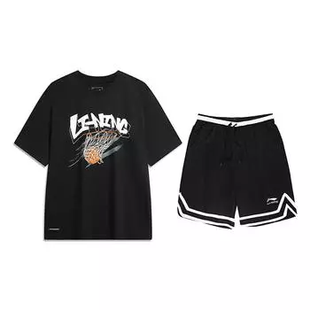 Li Ning Пуловер с круглым вырезом и короткими рукавами, повседневный спортивный костюм, унисекс, черный AHSU671-1+YAPV001-1 L