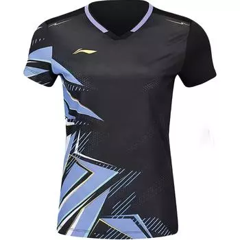 Li Ning Пуловер V-образный вырез с принтом логотипа с коротким рукавом Бадминтонная футболка Женские топы Черный AAYU134-1 XL