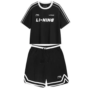 Li Ning Ретро Буква Логотип Печать Круглый вырез Свободный короткий рукав Удобные шорты Повседневный спортивный костюм Мужской костюм Черный AHSU657-2--AAPR395-1 M