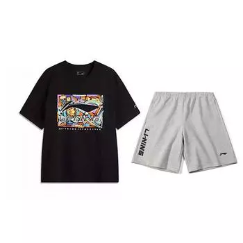 Li Ning Ретро Модный Универсальный Костюм для Повседневной Спортивной Одежды с Коротким Рукавом и Круглым Вырезом Унисекс AHSV291-2+YKSV131-1 XL