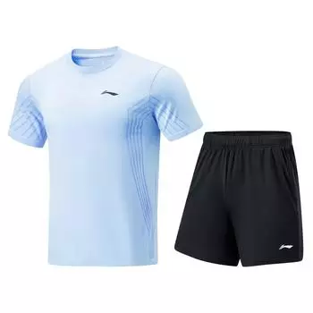 Li-Ning Round Neck Striped Short Sleeve T-Shirt And Solid Color Elastic Shorts Casual Sports Set Unisex sets Ice-River-Blue Black AATU015-2 3XL