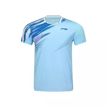 Li Ning Серия Бадминтон Граффити Принт V-образный вырез Удобная Дышащая Повседневная Футболка с коротким рукавом Унисекс Топы Ледяной-голубой AAYV025-5 S