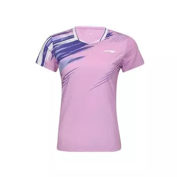 Li Ning Серия Бадминтон Принт Граффити Буквы V-образный вырез Футболка с коротким рукавом Женские топы Светло-голубой Фиолетовый AAYV048-4 M