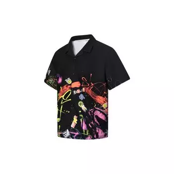 Li Ning Skateboard Series Graffiti однобортная свободная рубашка с коротким рукавом мужские рубашки черного цвета ASHT475-2 L