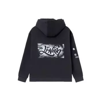 Li Ning Skateboarding Series Fun Print Plus Бархатный пуловер свободного кроя с капюшоном Мужские топы Черный AWDR821-1 L