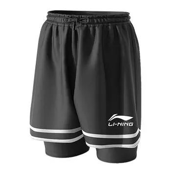 Li-Ning Solid Color Anti-Embarrassment Two-In-One Breathable Quick-Dry Five-Point Lace-Up Beach Shorts Men shorts Black LSKV335-1 2XL