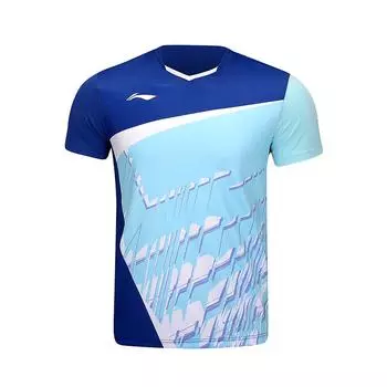 Li Ning сплошной принт с V-образным вырезом свитер с коротким рукавом рубашка для бадминтона унисекс топы темно-синего цвета AAYU147-3 M