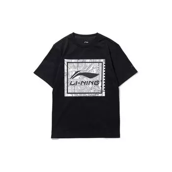 Li Ning Sports Lifestyle Series Logo Square Pattern Printed Round Neck Free Fit Sports Short Sleeve T Shirt Men Tops Black AHSS517-2 M