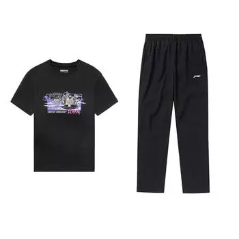 Li Ning Удобный Простой Пуловер с Коротким Рукавом Модный Дизайн Легкий Трендовый Длинные Брюки Повседневный Спортивный Костюм Костюм Унисекс Черный AHSUB33-1+AYKU703-1 S