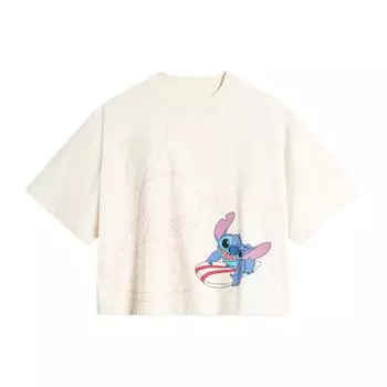 Li Ning X Disney Collaboration Stitch Series Круглый вырез свитер Повседневный трикотажный спортивный короткий рукав с заниженной линией плеч Футболка женские топы Off-White ATSU162-5 S