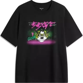 Li Ning X Disney Goofy Collaboration Мягкая Удобная Дышащая Круглая Шея Универсальная Свободная Трикотажная Футболка С Коротким Рукавом Мужские Топы Черный AHSUA77-2 XL