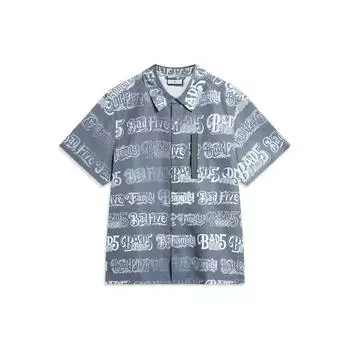 Li Ning X Mister Cartoon Collaboration Badfive All Over Print Свободная повседневная рубашка с коротким рукавом Мужские рубашки Темно-серый водно-голубой ASHT501-1 M