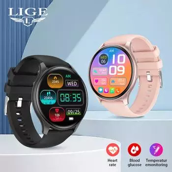 LIGE 2024 новые оригинальные Bluetooth-смарт-часы для звонков с голосовым управлением 100 + спортивный фитнес-водонепроницаемый умный браслет для Android IOS silicone strap чёрный