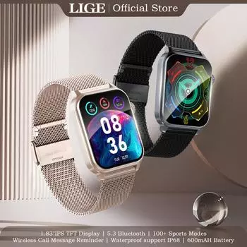 LIGE 2025 Смарт-часы IPS HD экран 600 мАч Большая батарея Смарт-часы Bluetooth Звонки IP68 Водонепроницаемый монитор сердечного ритма Спортивный фитнес-трекер silicone strap чёрный