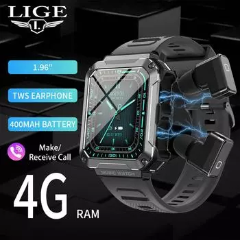 LIGE Bluetooth Смарт-часы 1,96 дюйма IPS Квадратный экран Местная музыка Беспроводные наушники Смарт-часы Bluetooth-вызов Спорт Фитнес Водонепроницаемый умный браслет