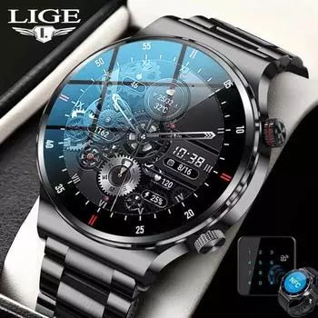 LIGE ECG + PPG Bluetooth Call Смарт-часы для мужчин 2022 Спортивный браслет Водонепроницаемые часы на заказ Мужские умные часы для IOS Android Silicone belt чёрный