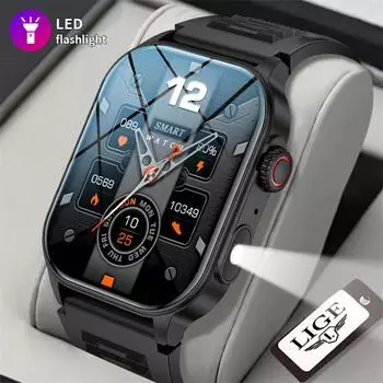 LIGE KM02 Мужские часы с фонариком на открытом воздухе IP68 Водонепроницаемые умные часы Мужские спортивные умные часы с пульсометром silicone strap чёрный